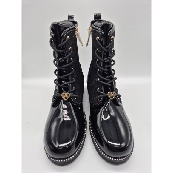 Michael Kors Girls Youth Boots Size 4 Glitter Combat Rhinestone Black Hearts - Picture 2 of 9